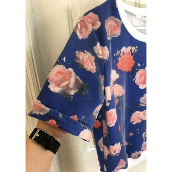 Poema Floral Mesh Scoop Neck Rolled Short Sleeve Blouse Medium - Picture 5 of 8